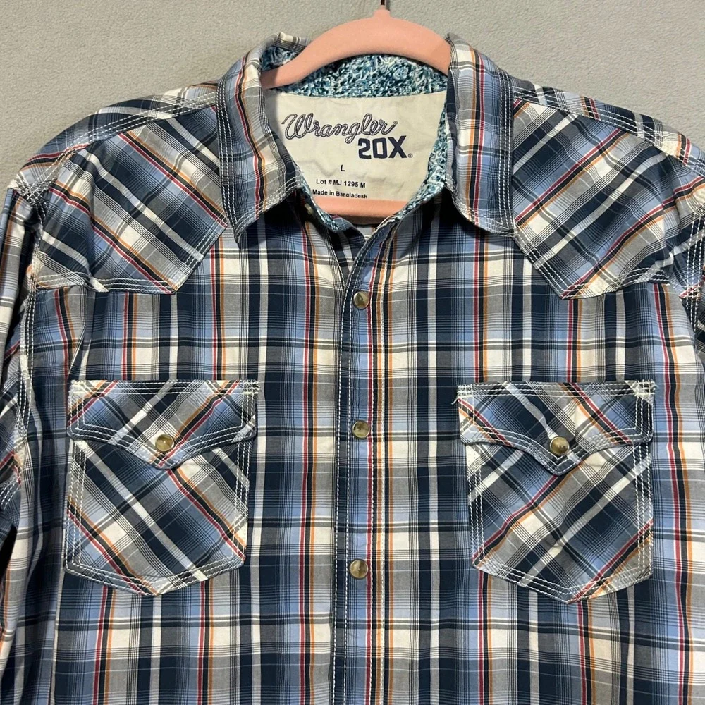 Wrangler‎ 20X Mens Large Western Snap Shirt Blue Plaid Cowboy Rodeo Pearl